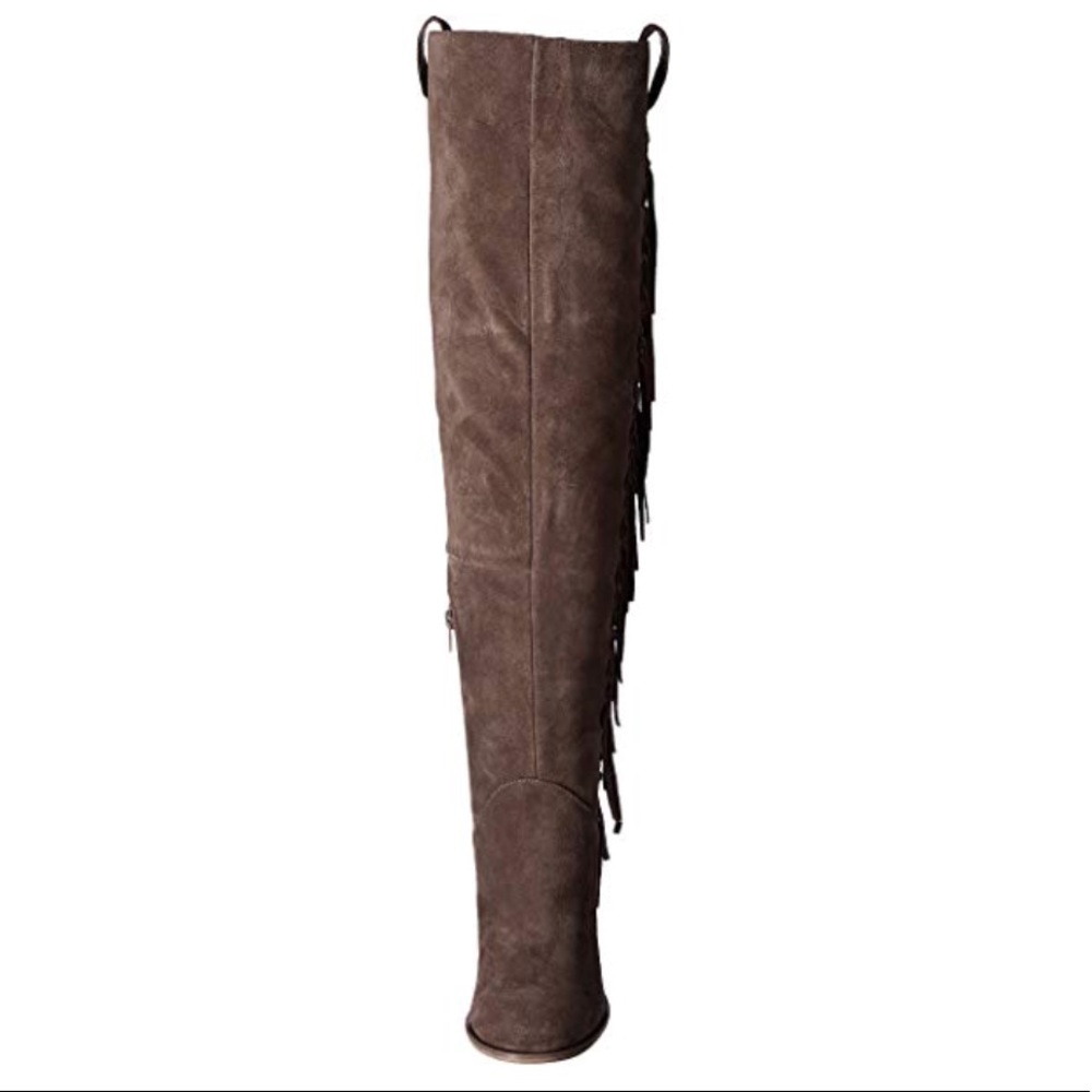 Leather Taupe Over The Knee Block Heel Fringe Boot - Picture 3 of 6